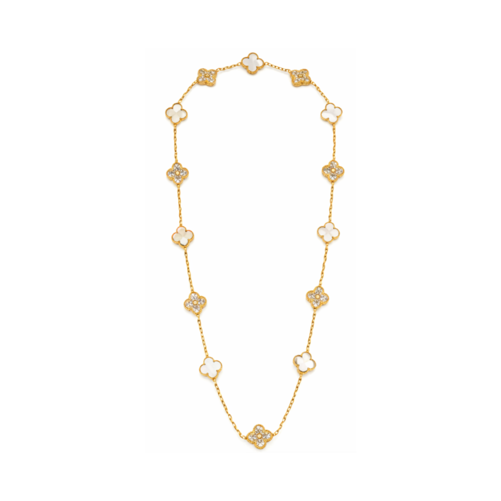 Van Cleef & Arpels Jewelry | White Mother of Pearl Diamond Clover Necklace Bracelet Set